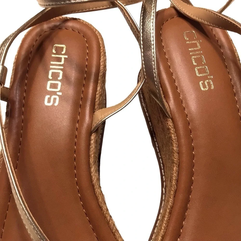 Chicos Shoes Women's Sz 9 Gold Carlina Wedge Espadrille Sandals Leather Boho NEW